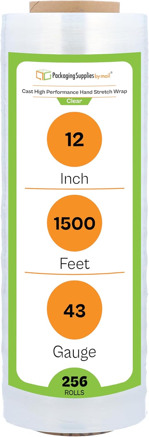 PSBM 4 Rolls 12 Inch x 1500 Feet 43 Gauge Stretch Film/Wrap, Industrial Strength Clear Shrink/Plastic Wrap for Moving, Packing, Shipping, Pallet Wrapping & Storage