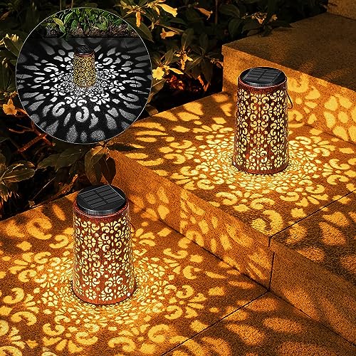 Image of JSOT Solar Lantern - Hanging Solar Lights Outdoor Waterproof, Metal Lantern Decorative Solar Powered Patio Decor for Garden Yard Backyard Porch Table Pathway Tree Lighting, Cool /Warm Light, 2 Pack