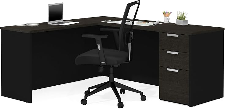 Bestar Pro-Concept Plus 72W L-Shaped Desk with Pedestal in deep Grey & Black | With Pedestal; with Narrow Desk Shell, Return Table; 1 file drawer, 2 box drawers; for home office use