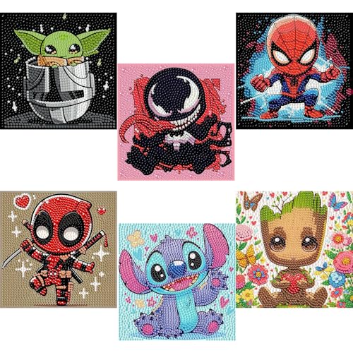 Sretoul 6 Pack Cartoon Diamond Art Kits for Kids- 6 Pack Small Diamond Art Painting Arts and Crafts for Kids Ages 4-8-12 6X6 Inch