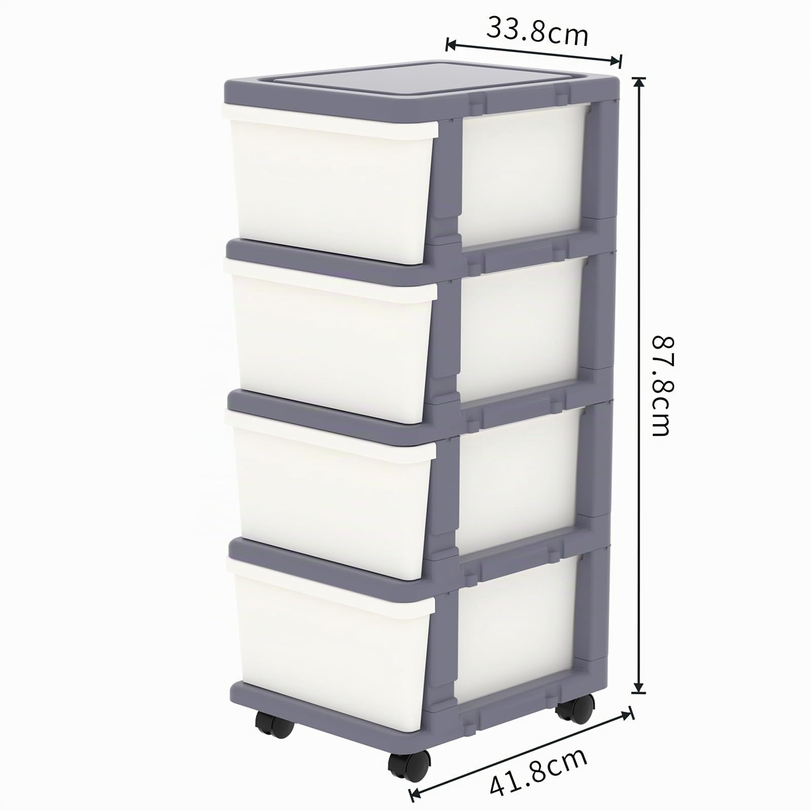 Cetomo Cajón de Plástico, Cajones de Almacenamiento con Ruedas de Bloqueo, Organizador para Oficina, Armario, Dormitorio y Cuarto de Estudiantes, Desmontable, Torre, Gris y Blanco (4 Cajones)