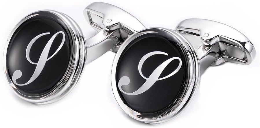 MERIT OCEANInitial Cuff Links Mens Silver Round Letter Alphabet Rhodium Plated Cufflinks for Men Suit Shirt Wedding Business A-Z