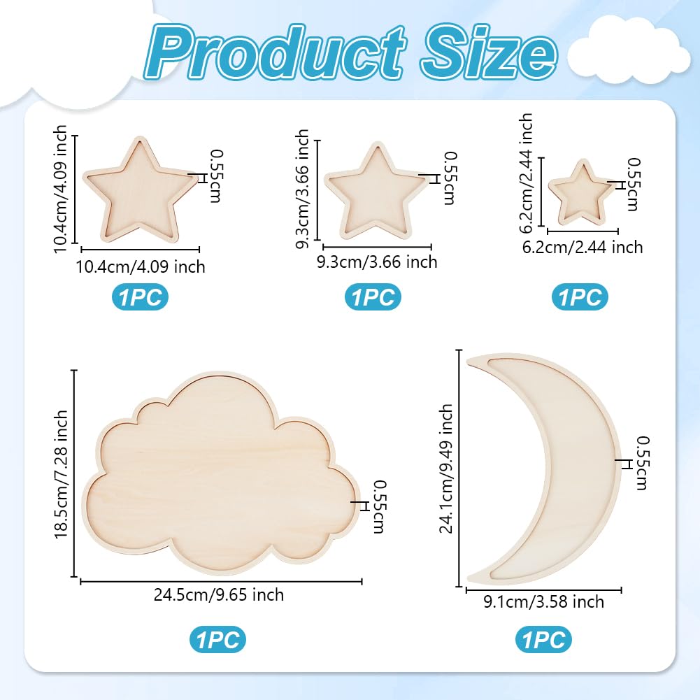OLYCRAT 5pcs Sleeping Wooden Boho Nursery Decor Nursery Hang on Wall Sign Nursery Wall Decor Moon Stars and Cloud Celestial Nursery Decor for Painting Arts Home Decor Bedroom Wedding