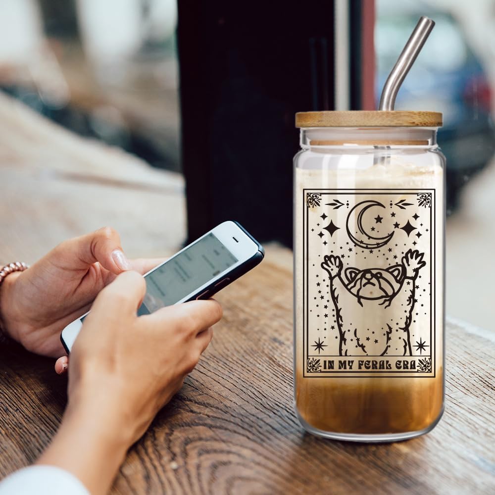 Tarot Card Raccoon 16oz Glass Cup with Lid and Straw Gifts for Coworker Best Friend Men Women - In My Feral Era, Funny Office Coworker Birthday Gift Idea for Him or Her - Image 7