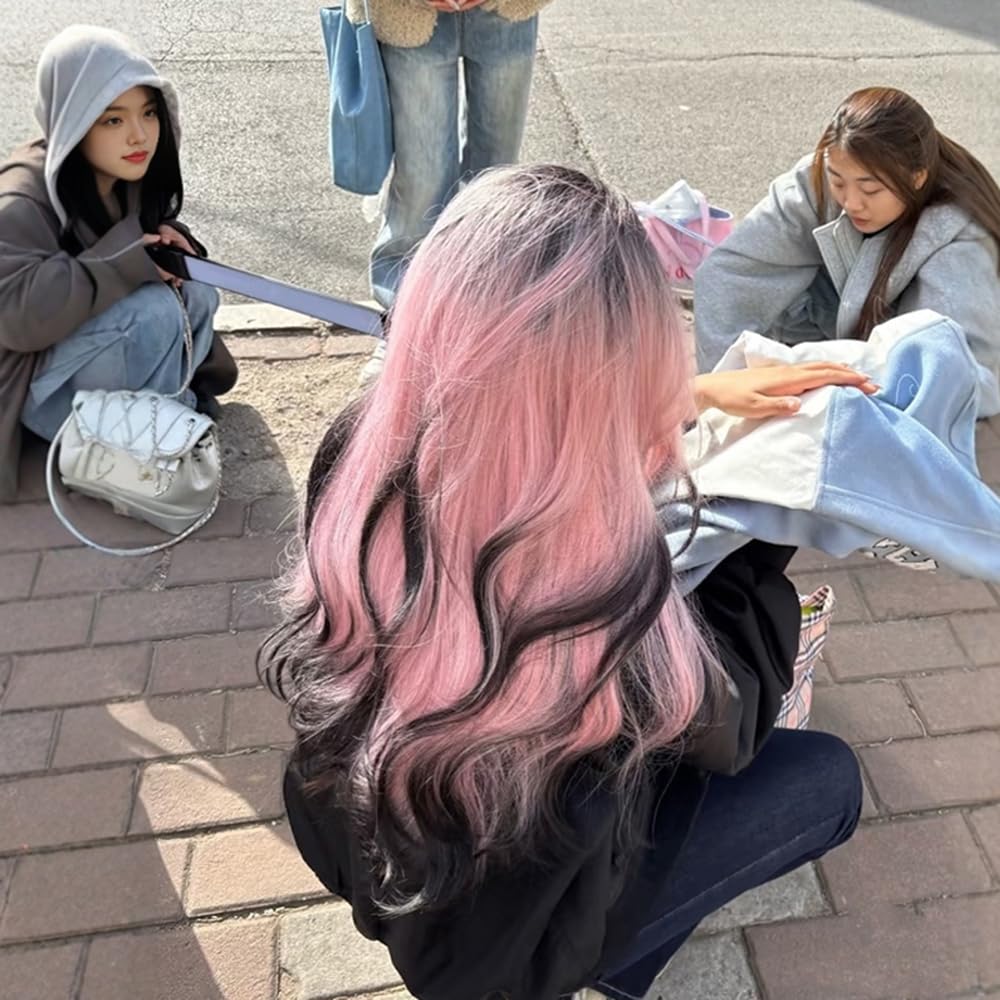 Women Wig Long Curly Wig Lolita Wig Sweet Princess Wigs Heat Resistant Natural Looking Wigs (Black Mix Pink)