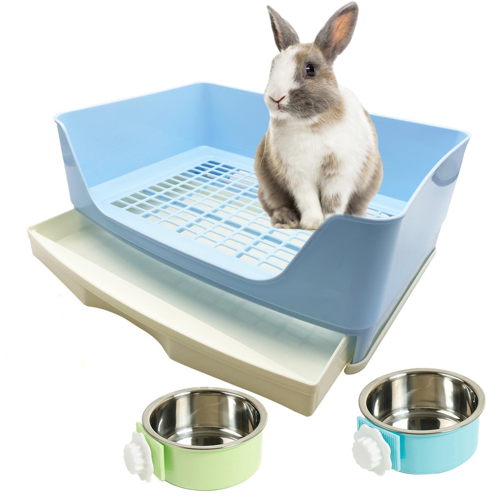 PINVNBY Rabbit Litter Box with Drawer for Cage Bunny Corner Litter Pan Box Small Animal Litter Pan Hanging Feed Bowls Cage Potty Trainer Pet Toilet for Rabbit Guinea Pigs Chinchilla Ferret