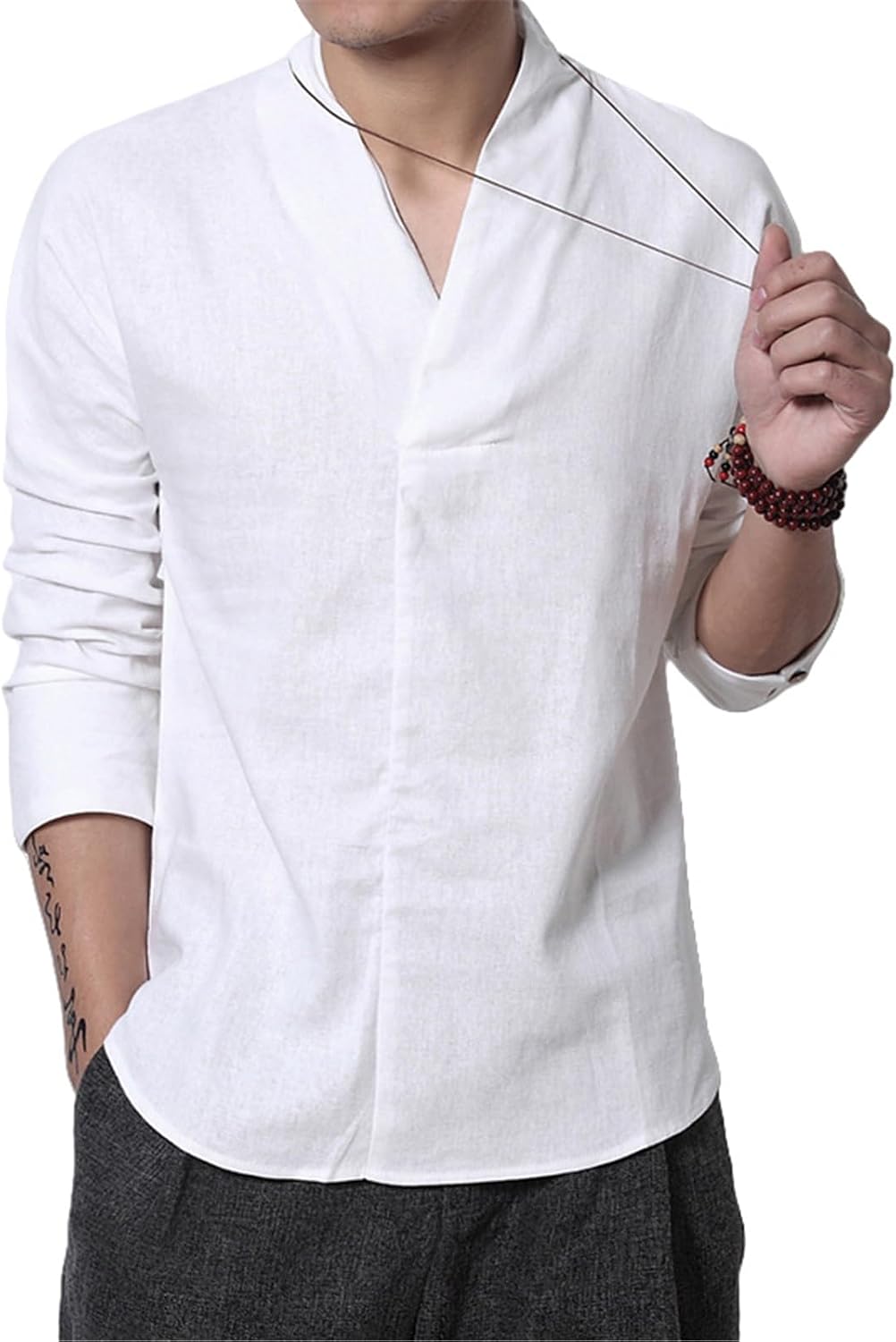 Men's Summer Chinese Style Vintage Cotton Linen V-Neck Three Quarter Sleeve Hanfu Trendy Shirt