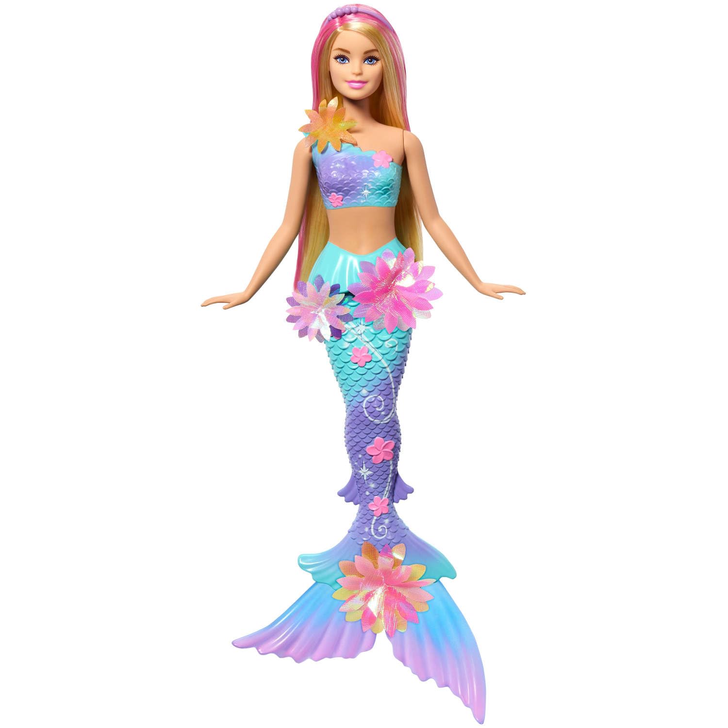 Barbie - Sirena Magia Floreale, bambola dai capelli biondi con coda sfumata e fascia con perle, magica sorpresa e fiori che sbocciano inclusi, giocattolo per bambini, 3+ anni, JDM72, Viola
