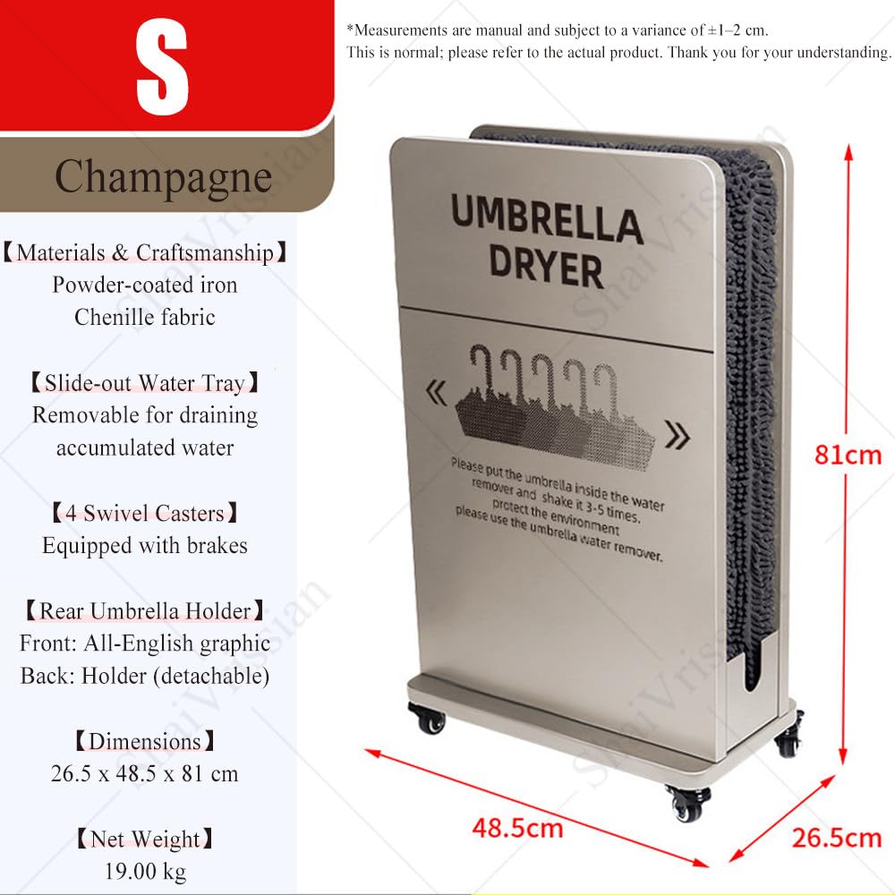 Supporto Portaombrelli con Raccolta Gocce Rapida Champagne-S | Asciuga Ombrelli Commerciale,Vassoio Estraibile,Ruote Bloccabili,Tela in Microfibra,Ufficio,Hotel,Negozio,Ingresso