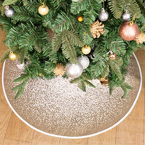 HOHOTIME Burlap Christmas Tree Skirt, 48 Inch Tree Skirt Mat with Glitter Snowflake Dot Snow Pattern Pattern for Natural Rustic Tree Skirt Holiday Decoration