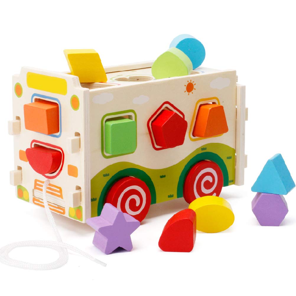 Brain Game Gowsch Wooden Wooden Shape Sorter Toys Wooden Shape Sorter with Tangram 3D Push Truck Block Bus Toys- Colorful
