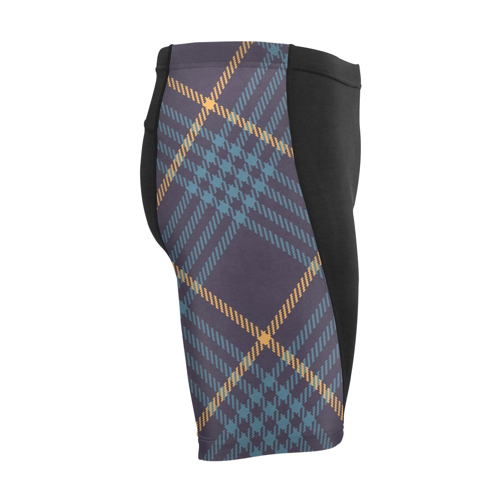 Compressed Shorts, Men's Polyester Running Shorts, Exercise and Sports Navy Blue Yellow Buffalo Plaid Tartan Check Scotland