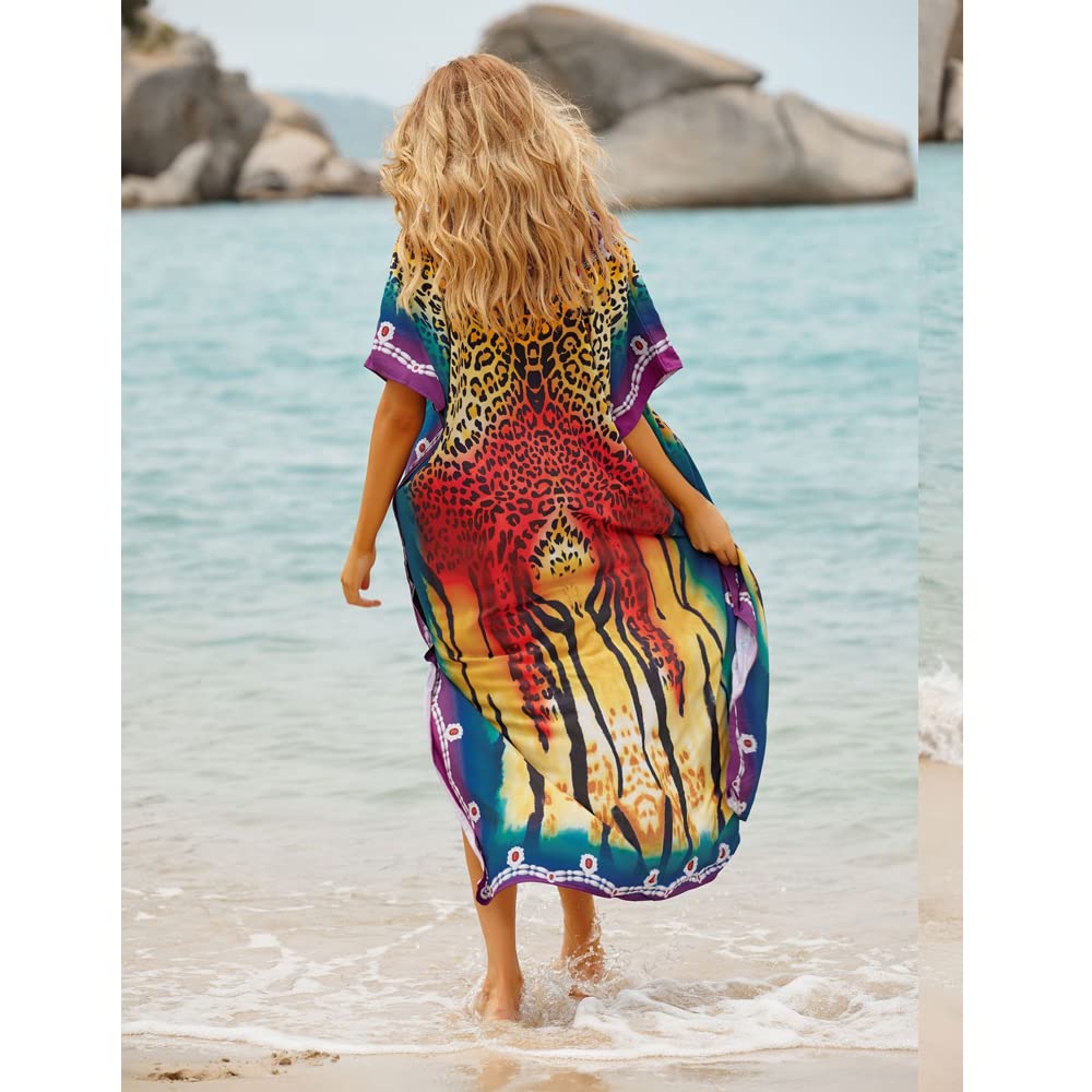 Donna Kaftan Lungo Abito da Spiaggia Maxi Bohemien Parei Copricostumi Copribikini Cover ups Scollo a V
