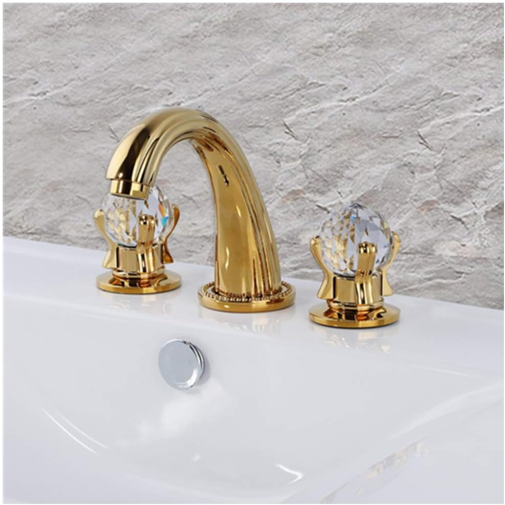 Lyon Widespread bathroom Sink Faucet Crystal handles Mixer Gold