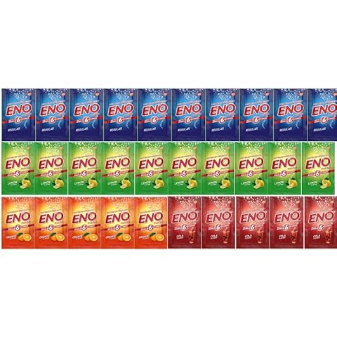 Eno Fruit Salt Antacid- 5g Sachets- Variety Pack - Regular x 10, Lemon x 10, Orange x 5 , Cola x 5 = Total 30 sachets | Effervescent Relief from Flatulence and Indigestion Issues | Quick & Effective Cover