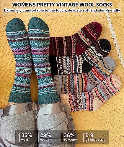 Image of IIG 5 Pairs Women's Vintage Style Thick Wool Warm Winter Crew Socks