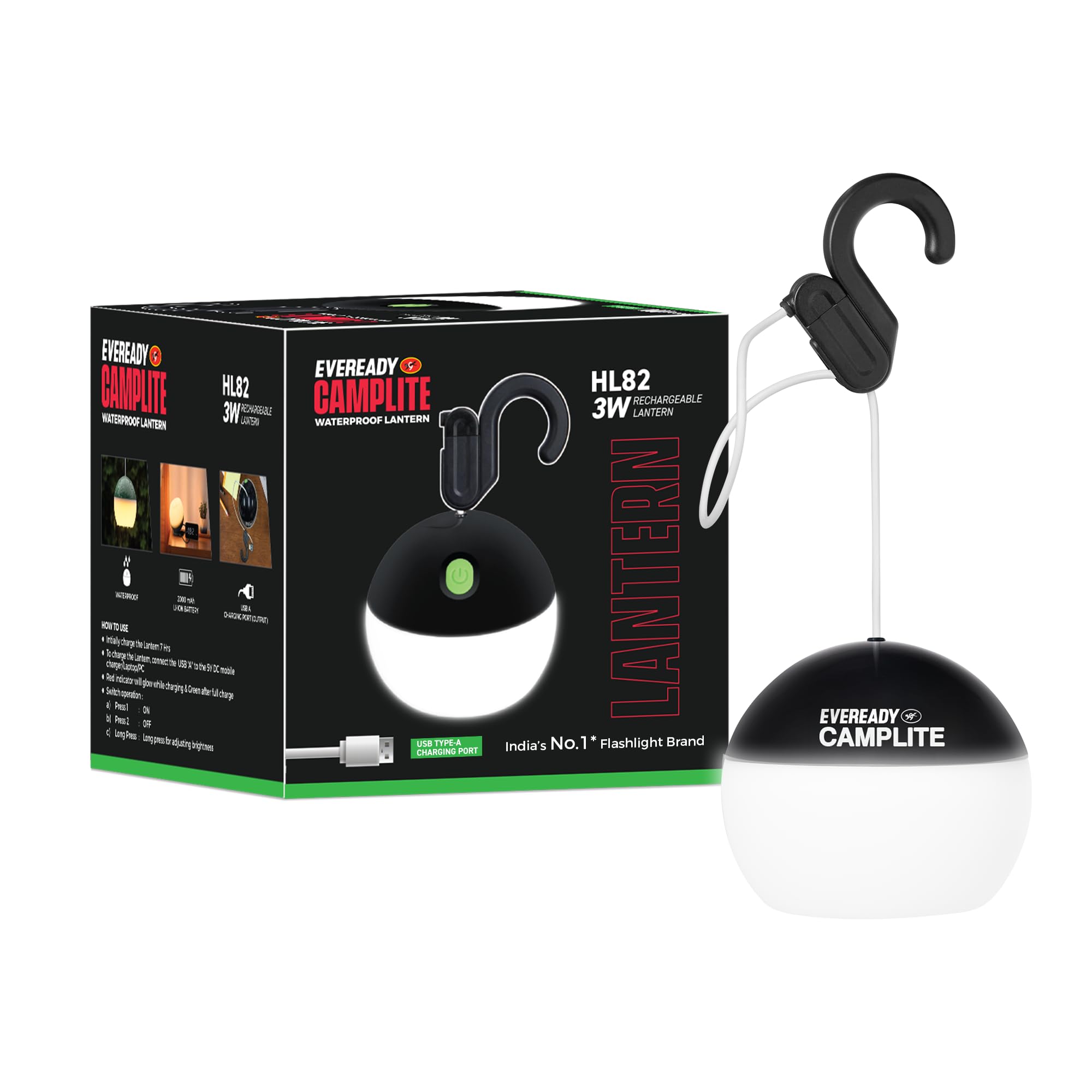 Eveready Camplite HL82, Rechargeable Emergency Lantern, 3W Lantern Waterproof, USB Type-A Charging, Powered by a 2000mAh Li-ion Battery, Pack of 1-image-8
