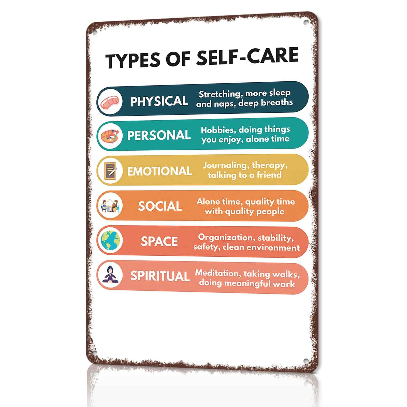 C-05 Types Of Self-Care Posters Chart Metal Signs Popular Science Knowledge Wall Decor Home Club Room Decor Printed Plaque 12X18 Inches