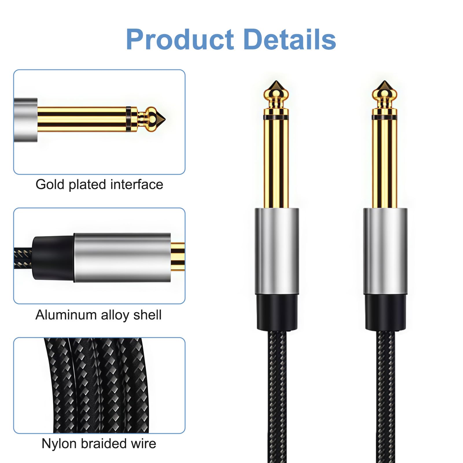 AHRLIC 2-Pack 1/4 Inch Guitar Cables, 6.35mm Straight Instrument TS Jack Cables (2m) with Oxygen-Free Copper & Braided Nylon - Image 4
