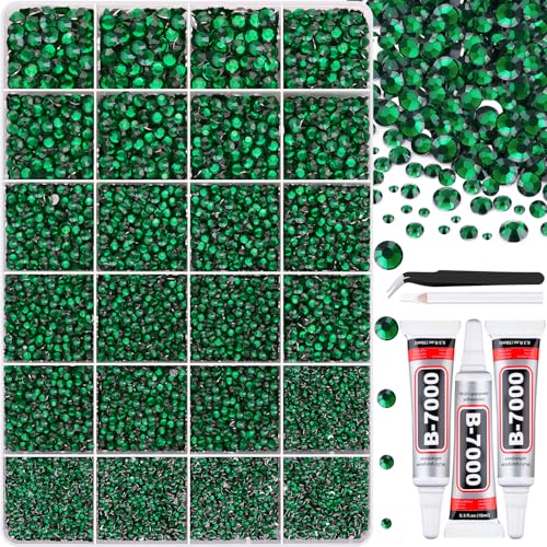 Image of 30000Pcs Resin Rhinestones with Tweezers for Crafting, Emerald Green Flatback Gems, Bedazzling Crystal with 3Pcs 10ml B7000 Jewelry Glue for DIY Crafts Clothing Tumblers Shoes Fabric Nail Art