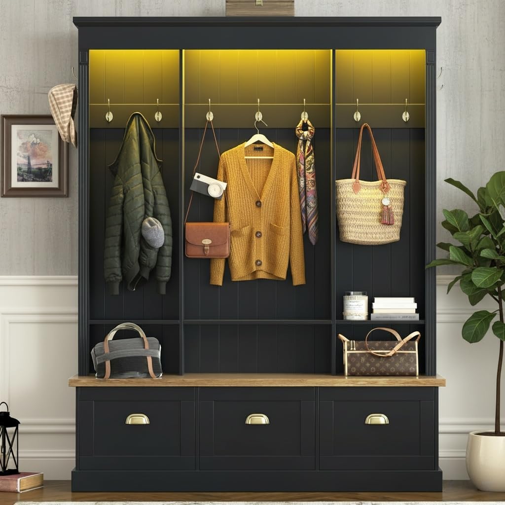 LUMISOL 59" W Hall Tree with Shoe Storage, Farmhouse Entryway Bench with Hooks, LED and Shoe Shelves, Black