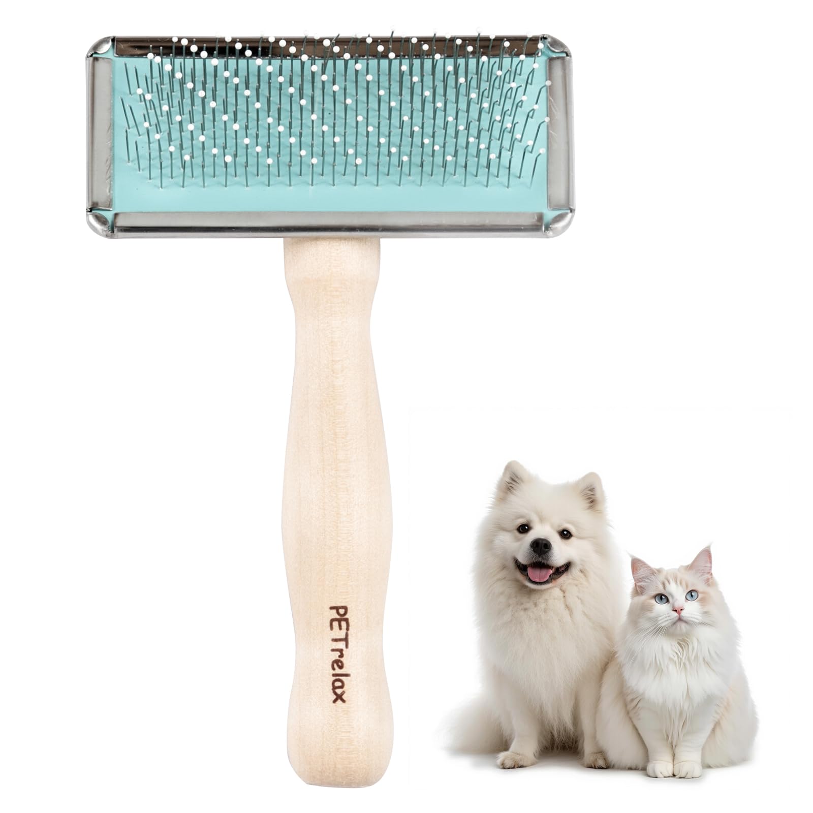 Slicker Brush for Dog & Cat, Grooming Brush for Shedding, Dematting, Bath, for Long/Short Hair, Poodles, Indoor Cats, Wooden Handle, with Angled Stainless Steel Pins and Coated Tips,Ergonomic Design