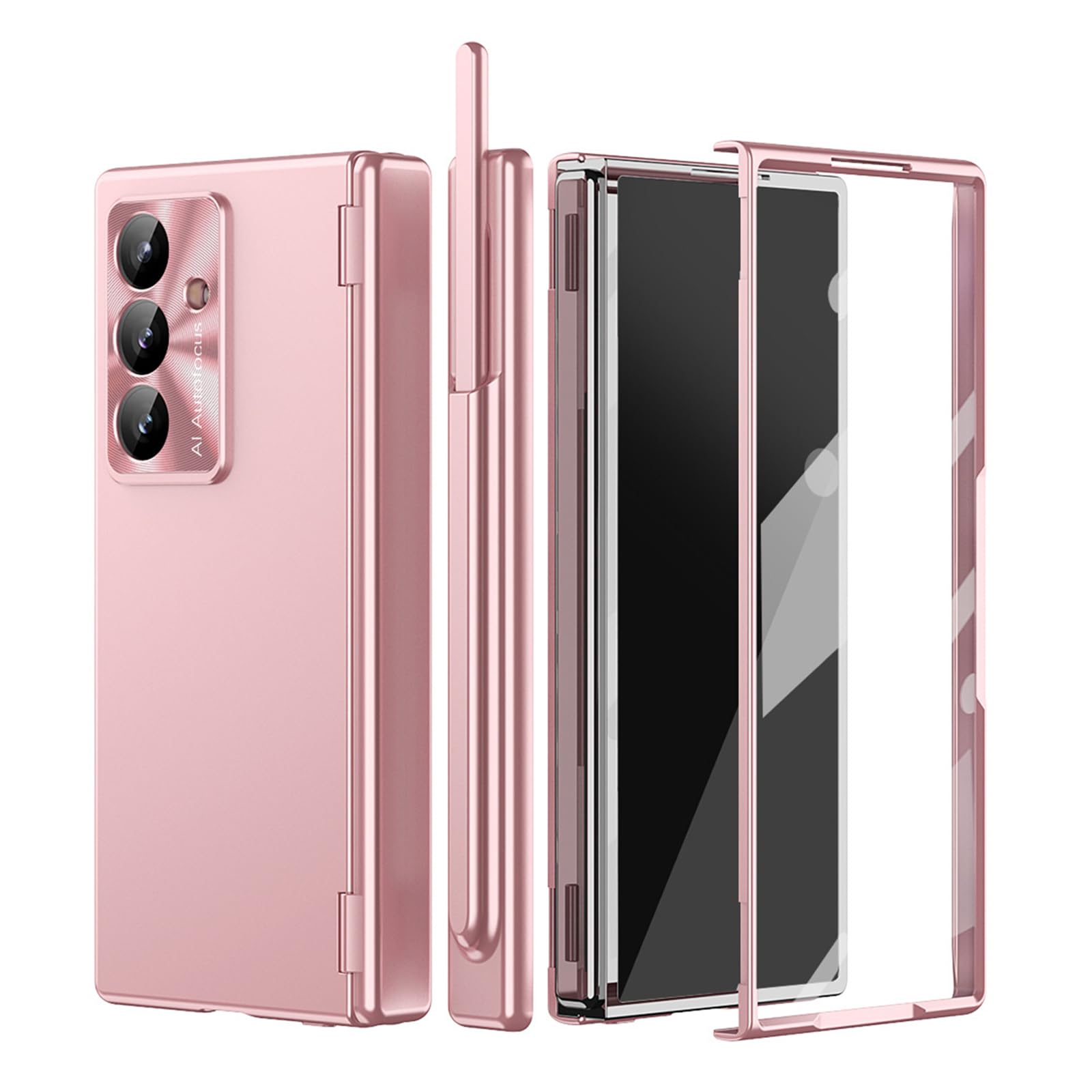 Galwanizowane etui do Samsung Galaxy Z Fold 7, smukłe, matowe tworzywo PC, odporne na wstrząsy etui dla kobiet mężczyzn z metalową ochroną zawiasów obiektywu, kompleksowe etui (różowe)