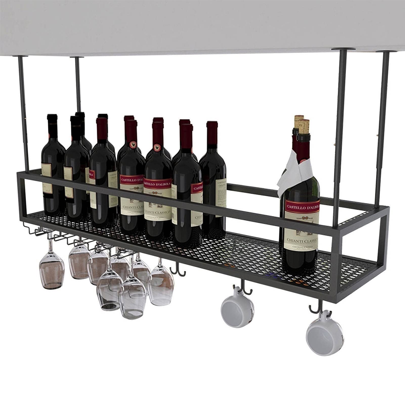 Botellero, Soporte Colgante para Copas de Vino, botellero metálico, botellero Ajustable con Soporte para Copas, botellero de Techo Negro Mate para Copas (tamaño: 60x25x21cm)