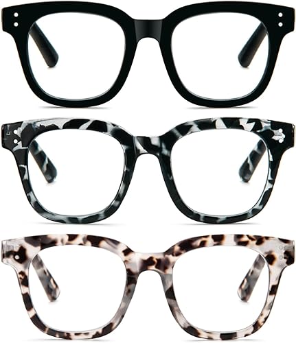 MMOWW Oversized Square Reading Glasses Fashion Cute Blue Light Blocking Computer Readers for Women 3 Pack