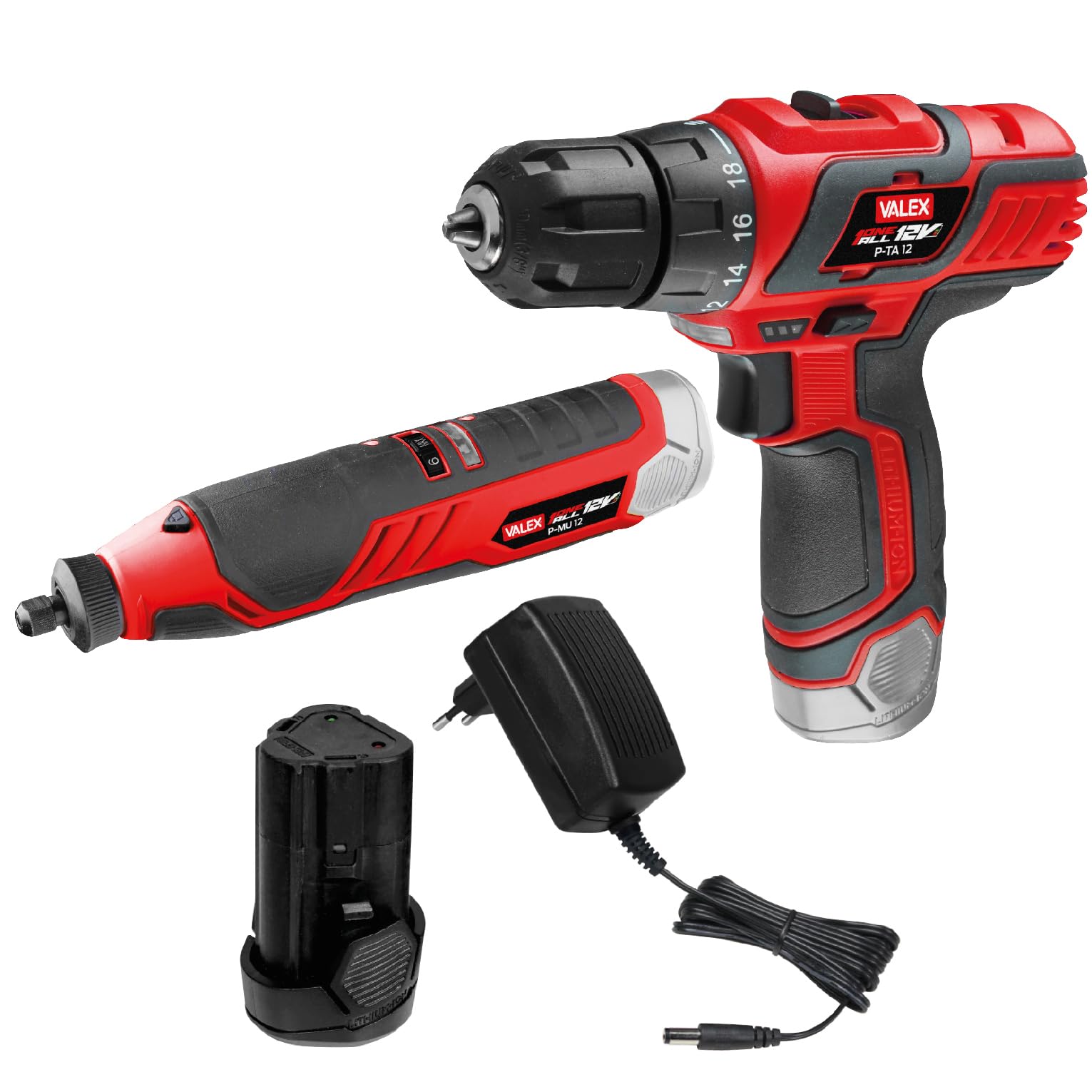 Valex Zestaw wiertarek + narzędzia wielofunkcyjne z akumulatorem litowym 12 V, zestaw 2 szt., zestaw narzędzi bezprzewodowych, akumulator i ładowarka OneAll 12 V, 2 Ah