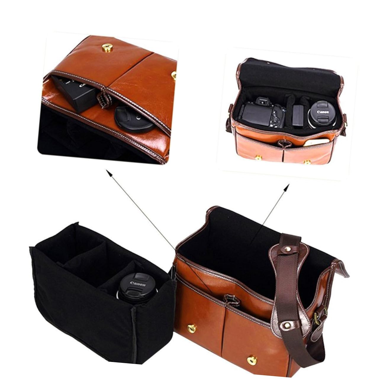 Bolsa para Cámara DSLR de Piel Sintética Marrón Divisor Interior Ajustable y Cómodo para Llevar, Adecuado para Fotografía en Viajes y Montañismo