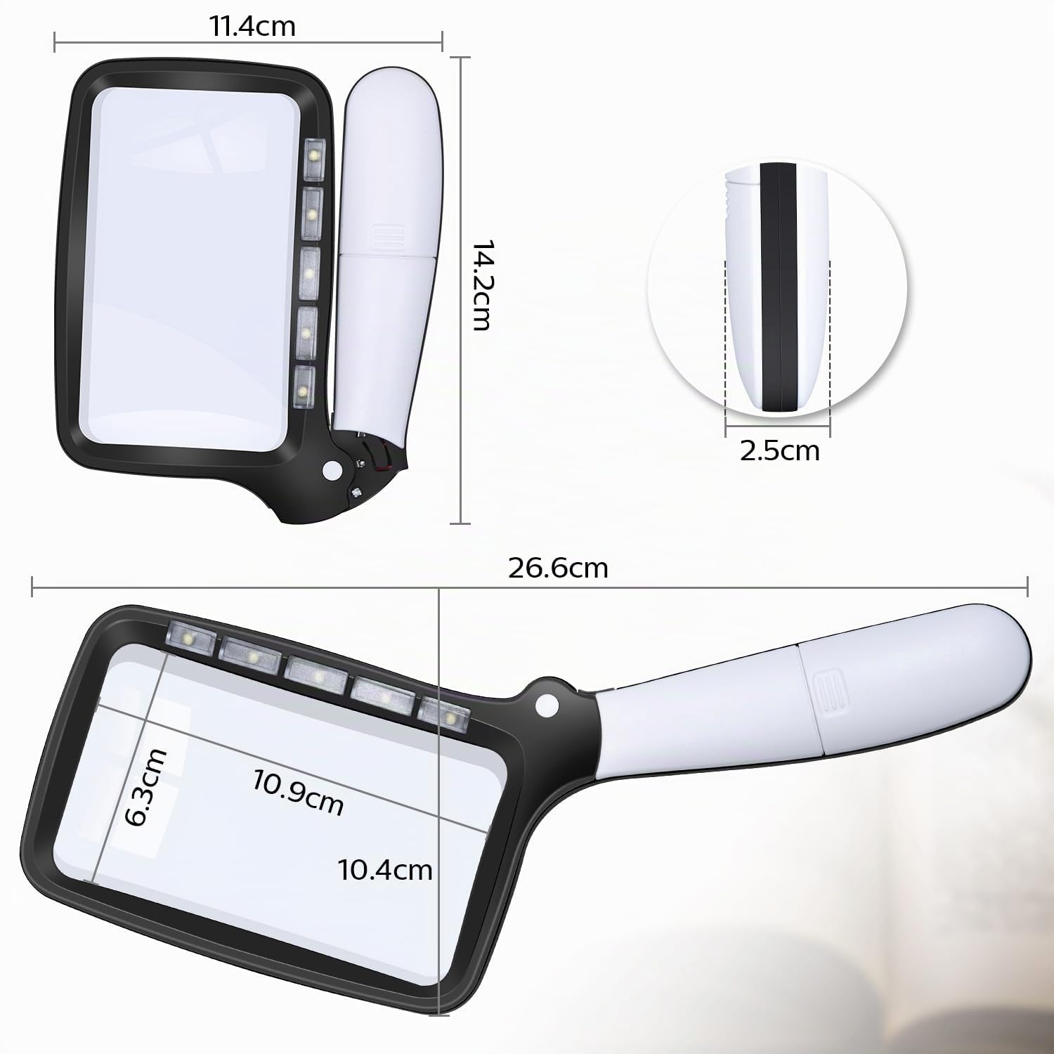 Kaome Lupa rectangular con lupa de luz, grande, plegable, de mano, 5 LED, 2 modos de atenuación, 2 modos de lectura para personas mayores, libros de baja visión, periódicos y mapas de joyería