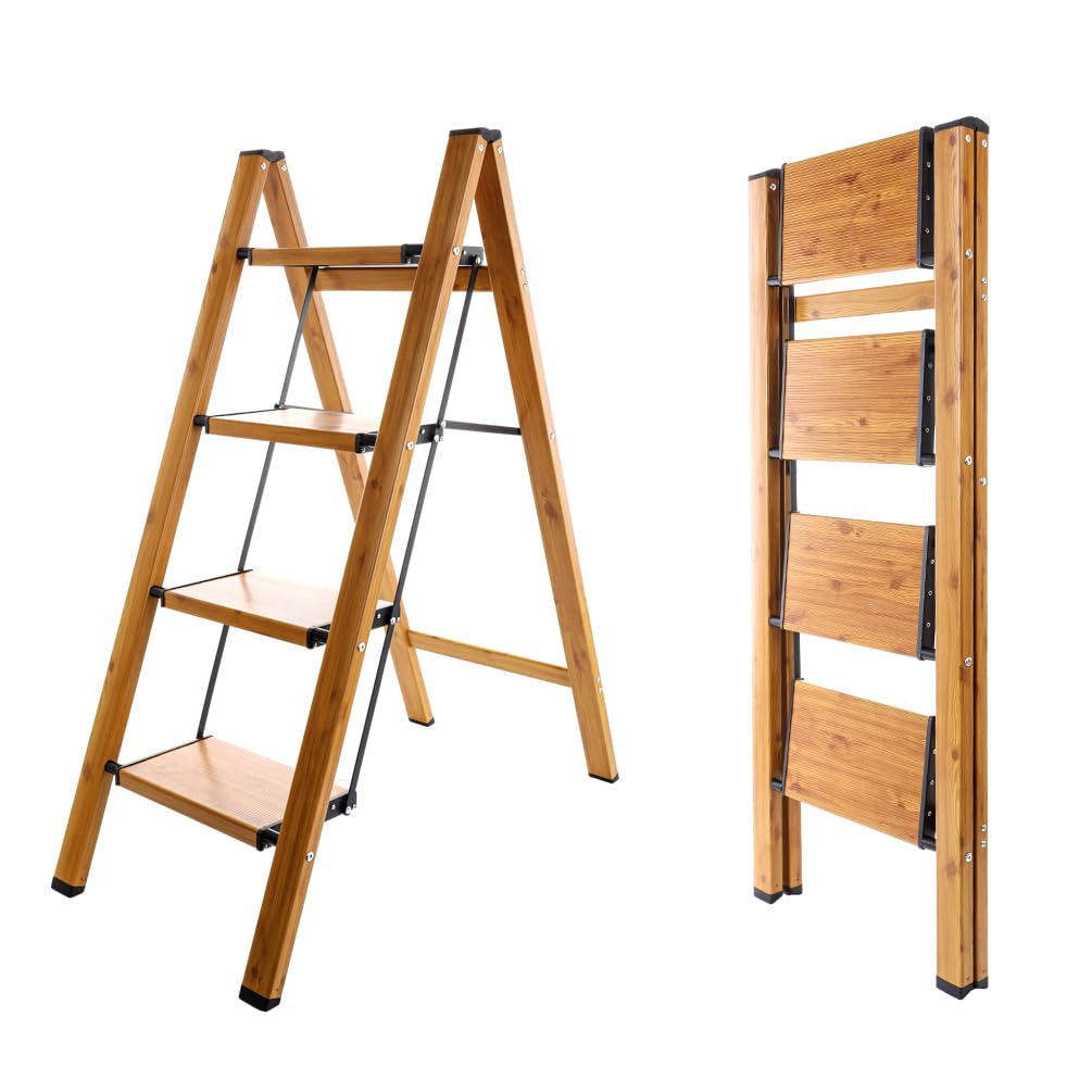 BAOYOUNI Escabeau pliable à 4 marches portable en aluminium léger avec pédales larges antidérapantes Capacité de 150 kg pour la maison, la cuisine, le jardin, le bureau – Noir + couleur grain de bois