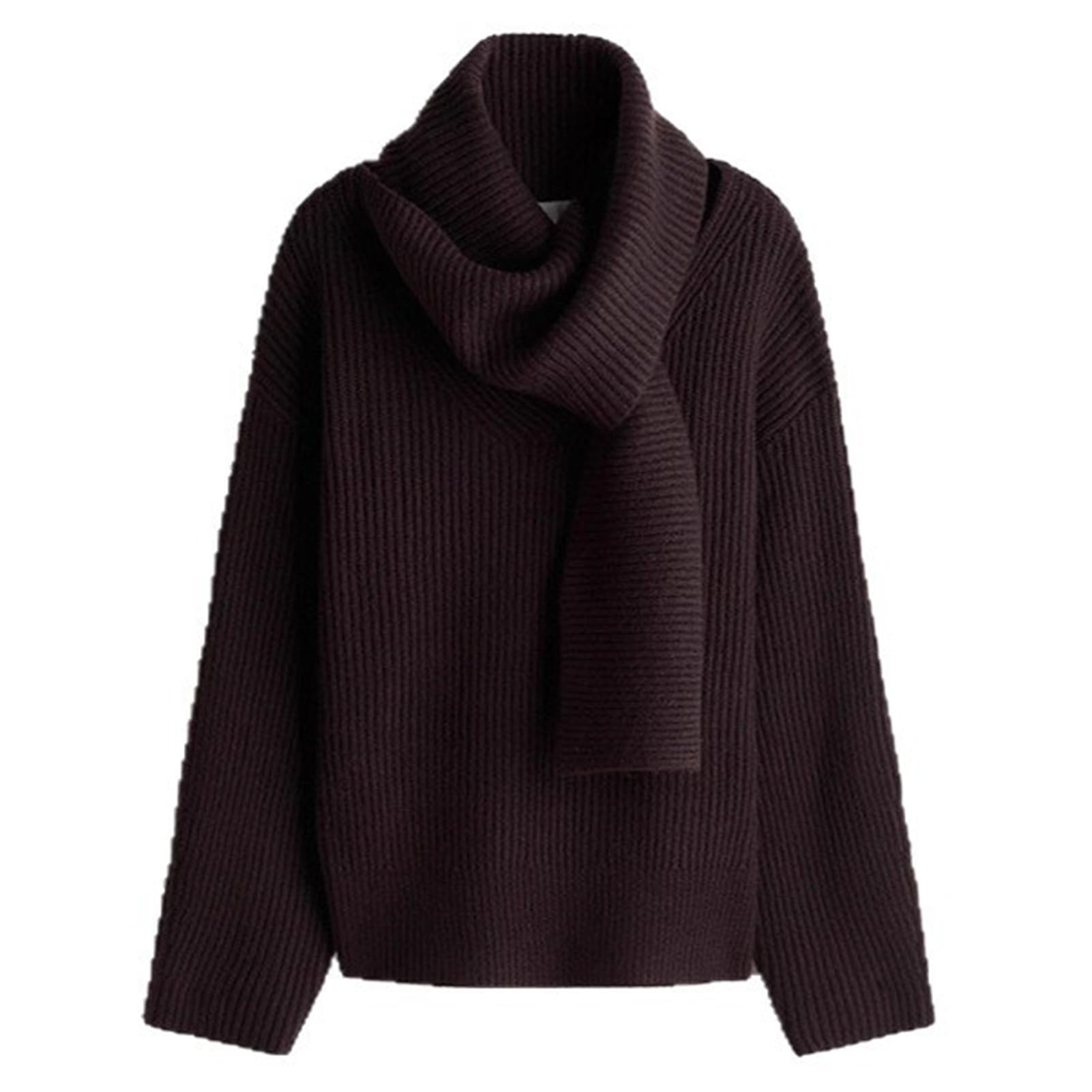 Womens Knit Sweater with Scarf Loose Solid Long Sleeve Turtleneck Pullover Sweater 2026 Fashion Tops