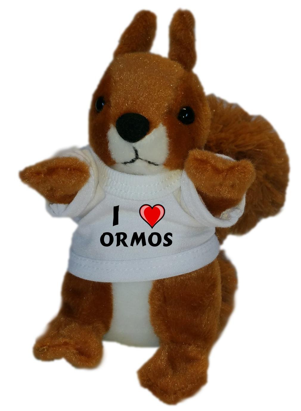 Personalised squirrel plush toy with I love Ormos T-Shirt (first name/surname/nickname)