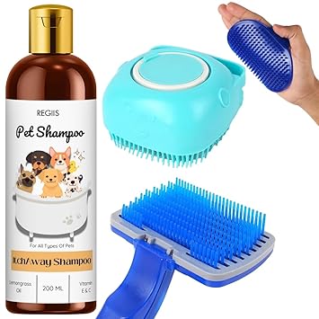 Pet Grooming Combo with Tick & Flea Control Shampoo, Bath Brush Dispenser & Grooming Glove
