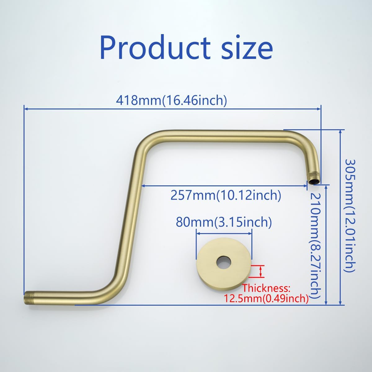 S Shape Shower Extension Arm with Flange, Stainless Steel High Rise Shower Head Extender Pipe 16 Inch Brushed Gold，SW-RD91058-16BG.
