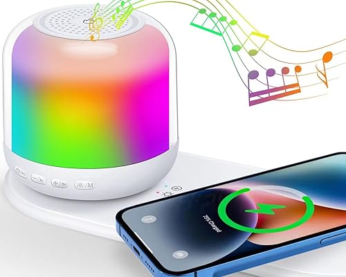 Altavoz Bluetooth con luz nocturna y cargador inalámbrico, lámpara de noche de control táctil regulable, lámpara de mesa con altavoces Bluetooth que
