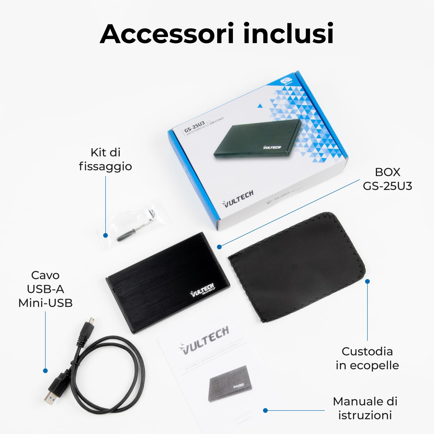 Custodia Rigida TooQ TQBC-E2503B Per Hard Disk Esterno 2,5" - Protettiva, Con Scomparto Cavi, Colore Nero