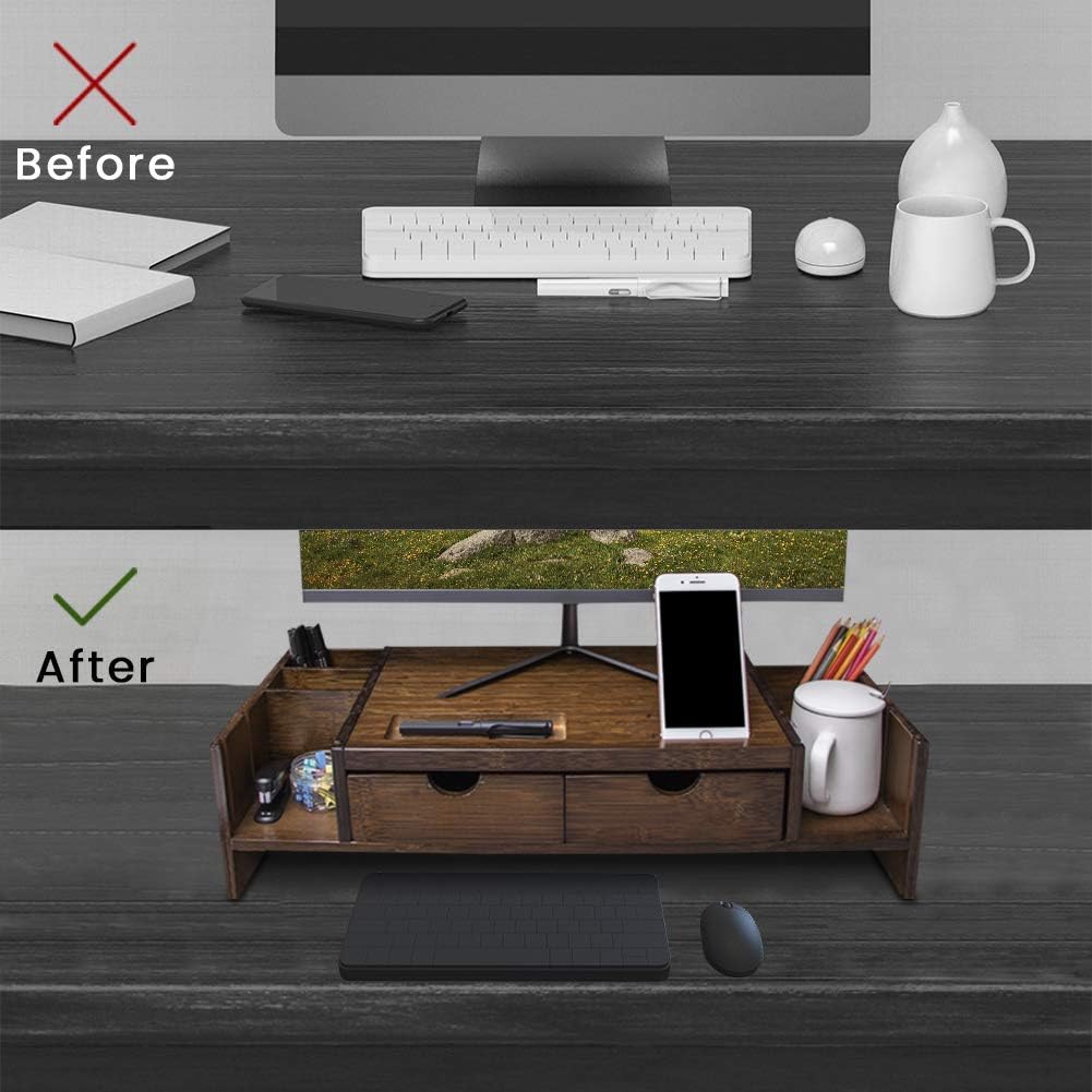 Best Cyber Deals 🔥 Crestlive Products Luxury Bamboo Computer Monitor Stand Riser with Adjustable Storage Organizer & Drawers Laptop Cellphone TV Printer Stand, Antique Brown