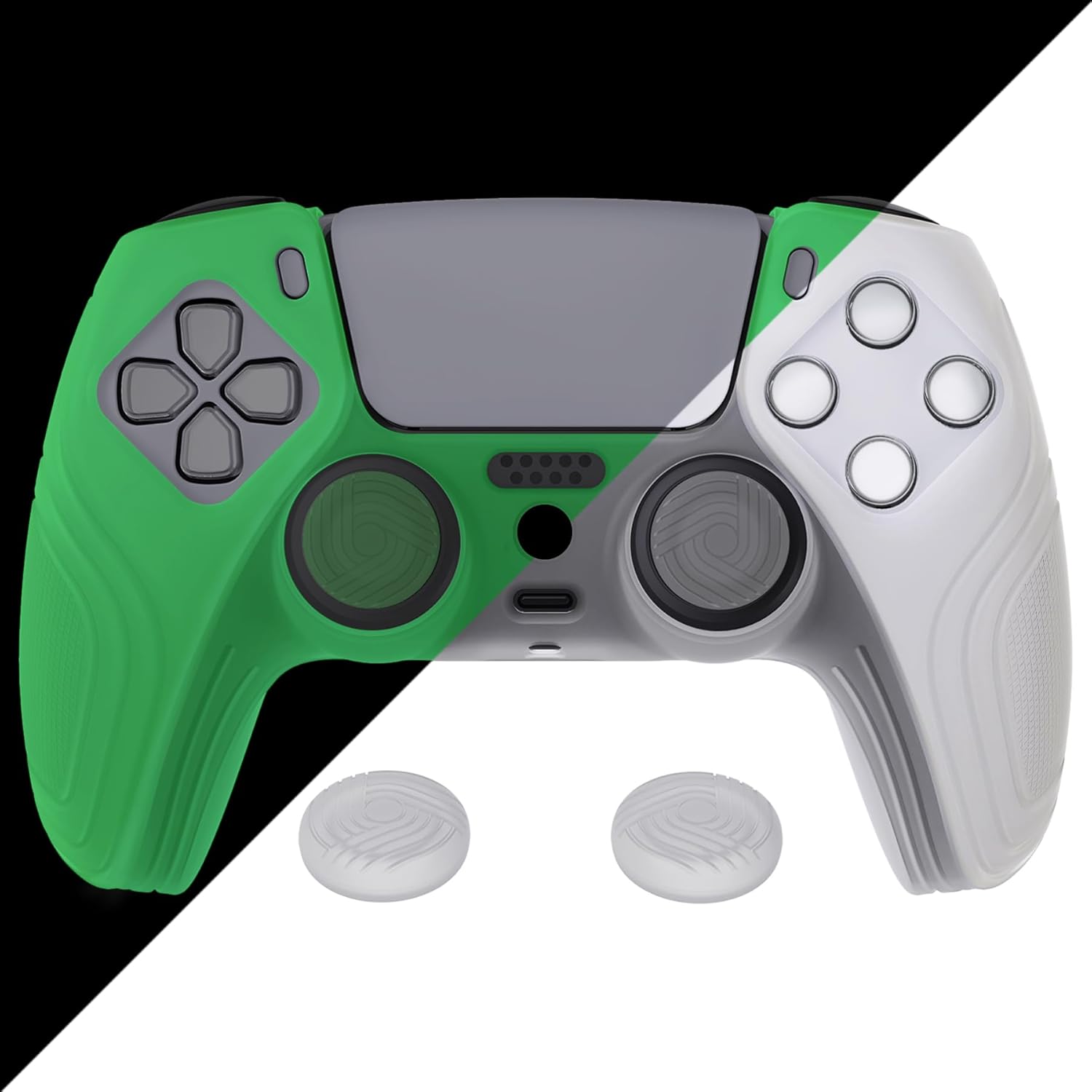 eXtremeRate PlayVital Samurai Edition Anti-Slip Controller Silicone Skin for ps5, Ergonomic Rubber Protective Case for ps5 Controller with Thumb Stick Caps - Glow in Dark - Green