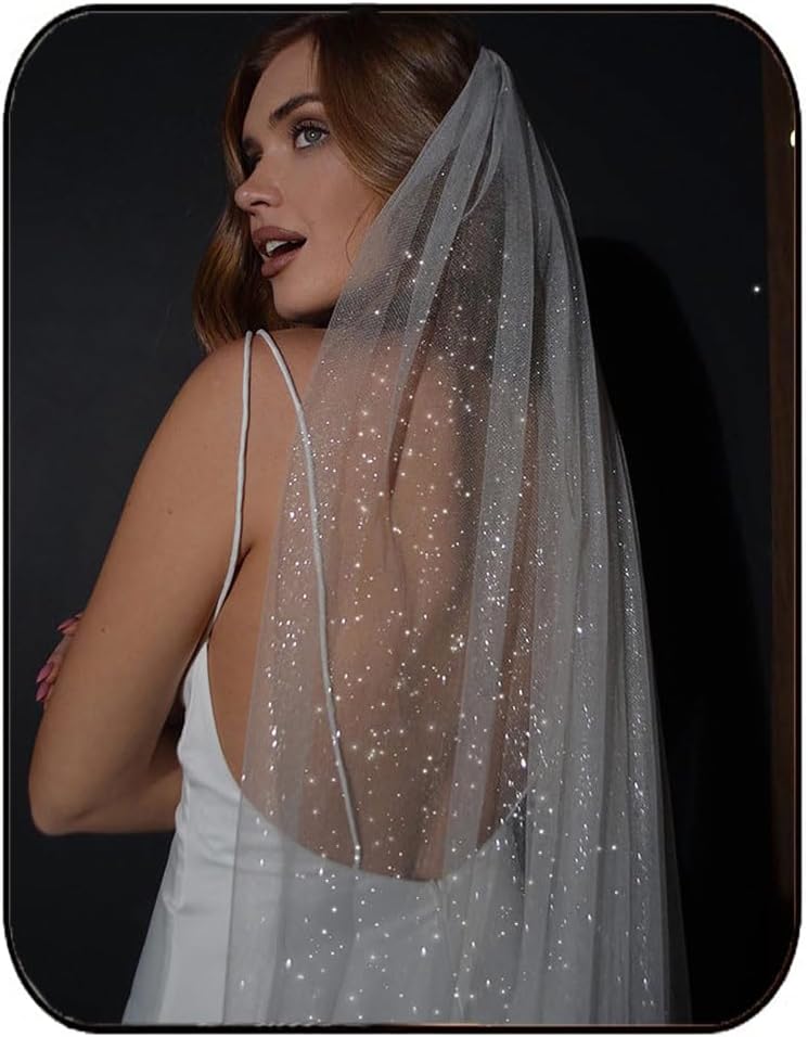 Glitter Bride Wedding Veil Fingertip Bachelorette Party Vei