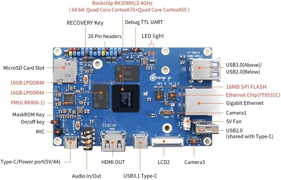 Orange Pi 5 8GB Ram 8-Core 64-Bit RK3588S PC Computer Board, External SSD Bluetooth WiFi Video 8K-Decoding With Mental Case and 5V4A Power