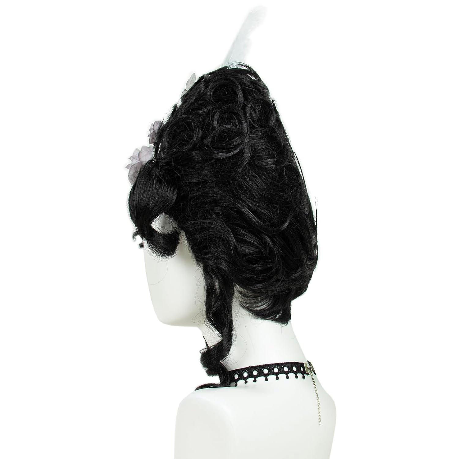 R REEWES FASHION HAIR Beehive Wig Victorian Style Black Short Curly Wig with White Feather, Rose and Butterfly Accessories Queen Cosplay Halloween Costume Wigs For Women - Image 4