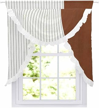 Waterfall Sheer Curtains Valance for Windows, Modern Simple Brown Line Swag Valances for Living Room, Striped Bohemian Rod Pocket Voile Ruffle Waterfall Scarf Valance for Bedroom, 39.4x41.3 Inch