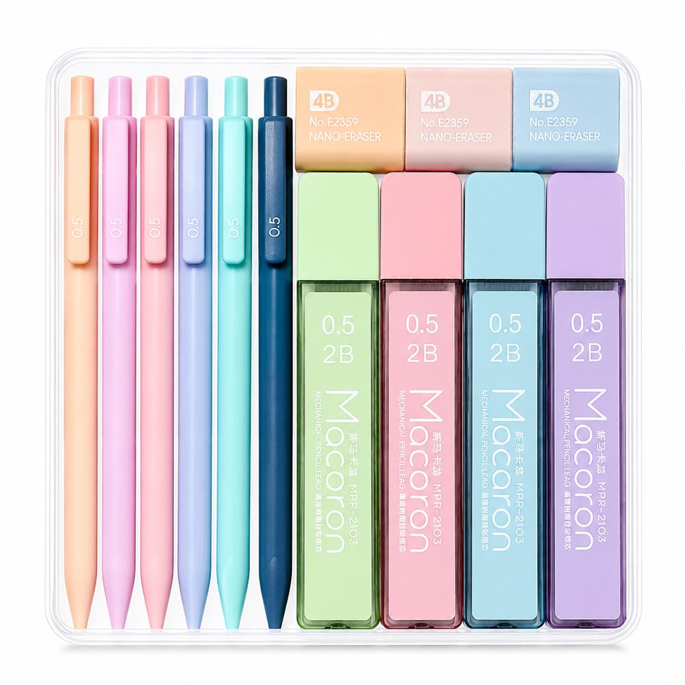 SCHUMAOYI 6 Pack 0.5mm Mechanical Pencil Set, 240 Pack 2B Lead Refills + 3 Erasers, Cute Pencils for School Writing Drawing Sketching