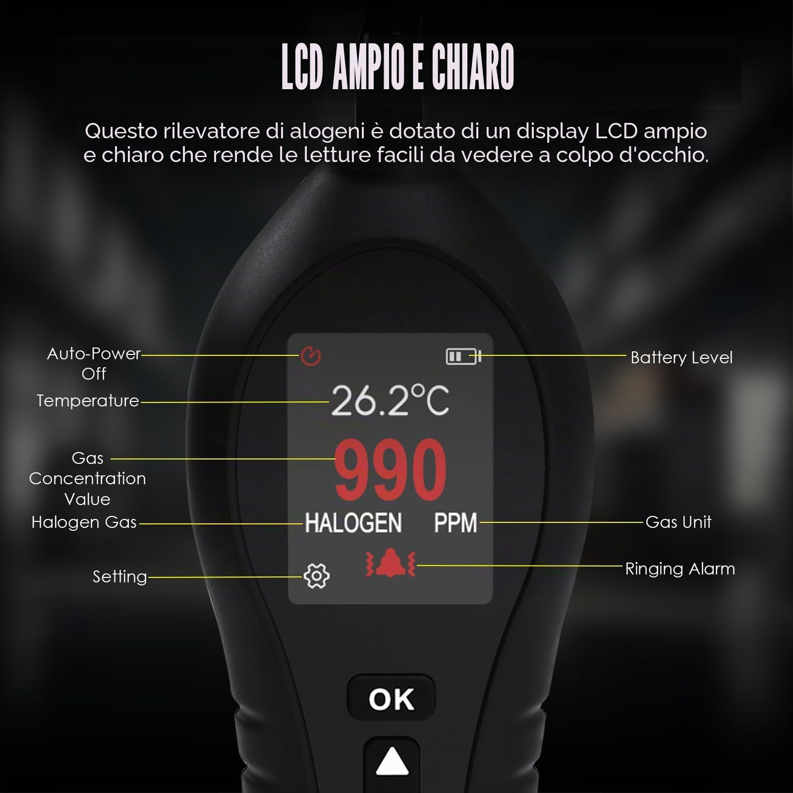 Rilevatore di perdite di refrigerante HVAC Freon Sniffer con sonda flessibile da 25,4 cm, gamma 0-1000 PPM, schermo colorato, per sistemi automobilistici e climatizzati (CFC, HCFC e HFC)