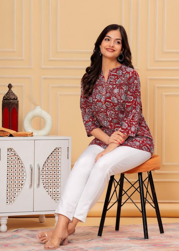 Image of Women's Cotton Printed Kurta Top | 3 /4 Sleeve Straight Kurti Casual Outings