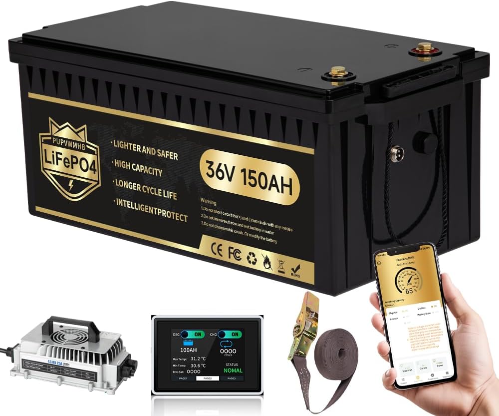 36V 150Ah Lithium Golf Cart Battery, Lifepo4 Battery with 43.8V 25A Charger, Built-in 200A BMS, LCD Monitor & Mobile APP, Peak Current 600A .7.68kW Power Output, Perfect for Golf Carts, Solar