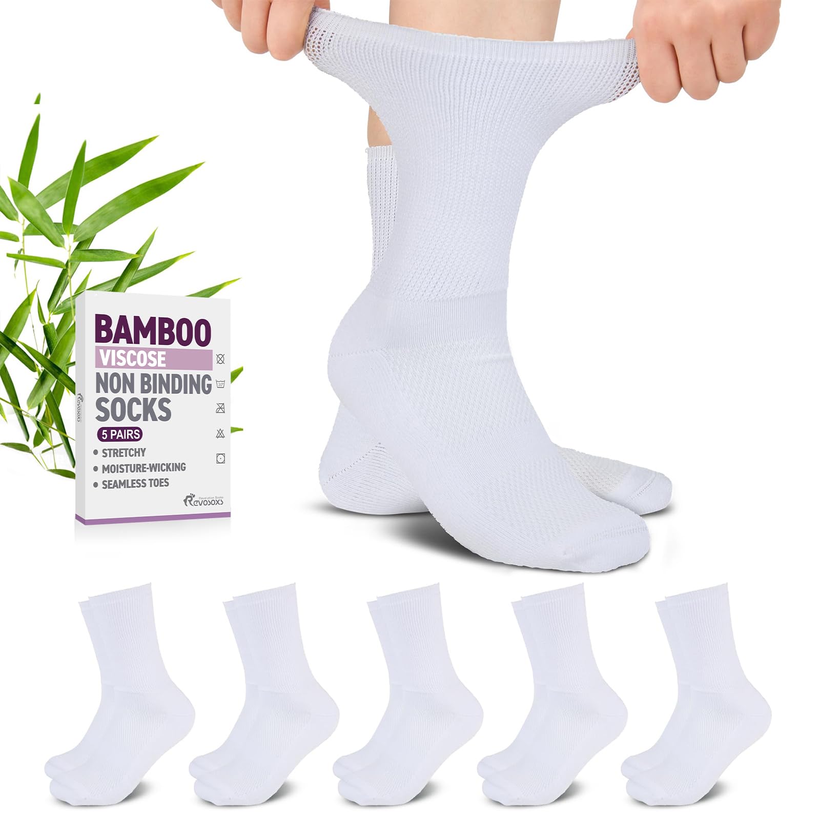 Revosoxs Diabetic Crew Socks for Men Women,Bamboo Viscose Non-Binding Loose Top Wide Socks with Seamless Toe 9-12 10-13